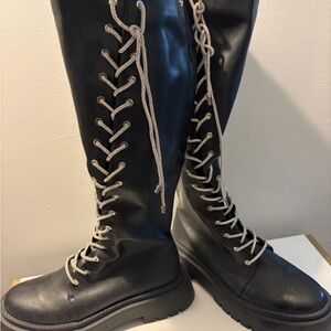 Azalea Wang Rhinestone Lace-Up Knee-High Boots